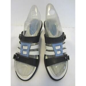HS TRASK Navy White Baby Blue Leather Strappy Slides Low Heel Comfort Sandals 7M